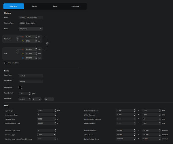 Slice settings - machine